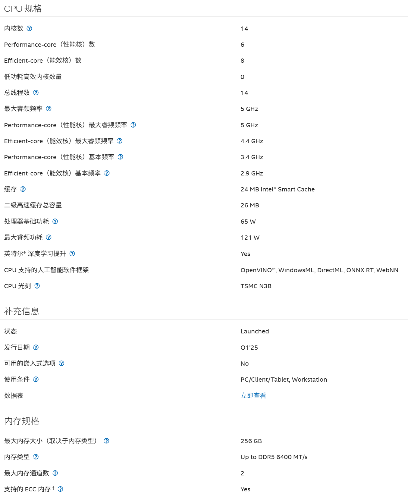 CPU规格一览 CPU规格一览